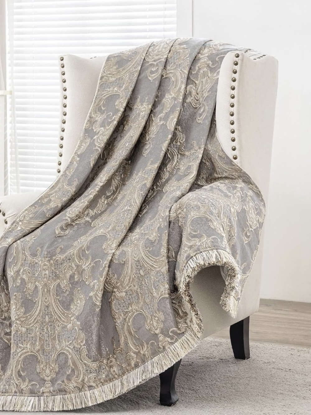 Elegant Gray Paisley Fringe Throw Blanket by
